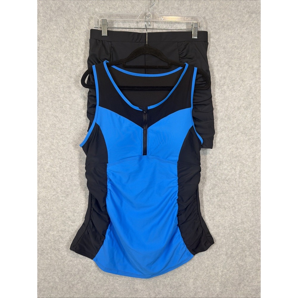 Bloomchic Contrast Patchwork Gathered Half Zip Swim Black & Blue Size 14 NWOT